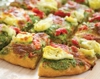 Spinach Pesto Pizza with Roasted Red Peppers & Artichoke Hearts
