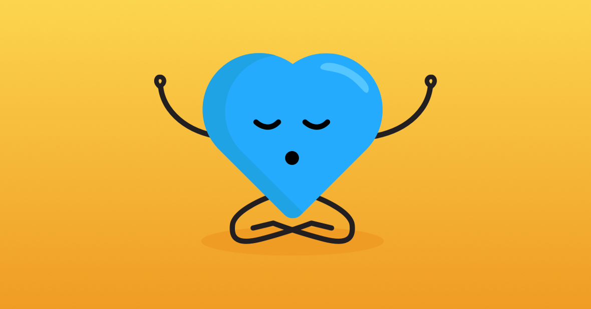 Welly, the Amwell mascot, a blue heart-shaped character meditating on a golden yellow background