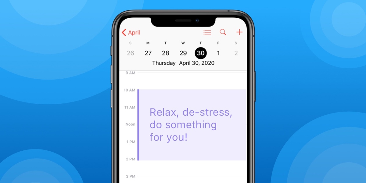 Smartphone with calendar app open on a blue background with text about setting priorities.