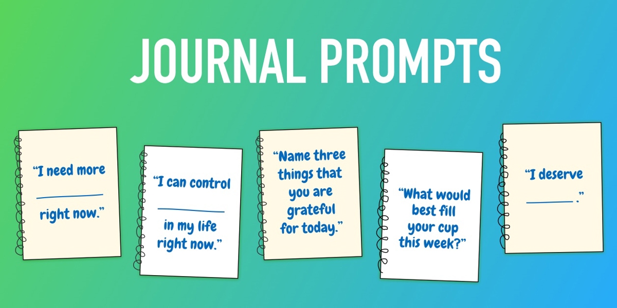 Five illustrated notebooks with journal prompts on a green and blue gradient background.