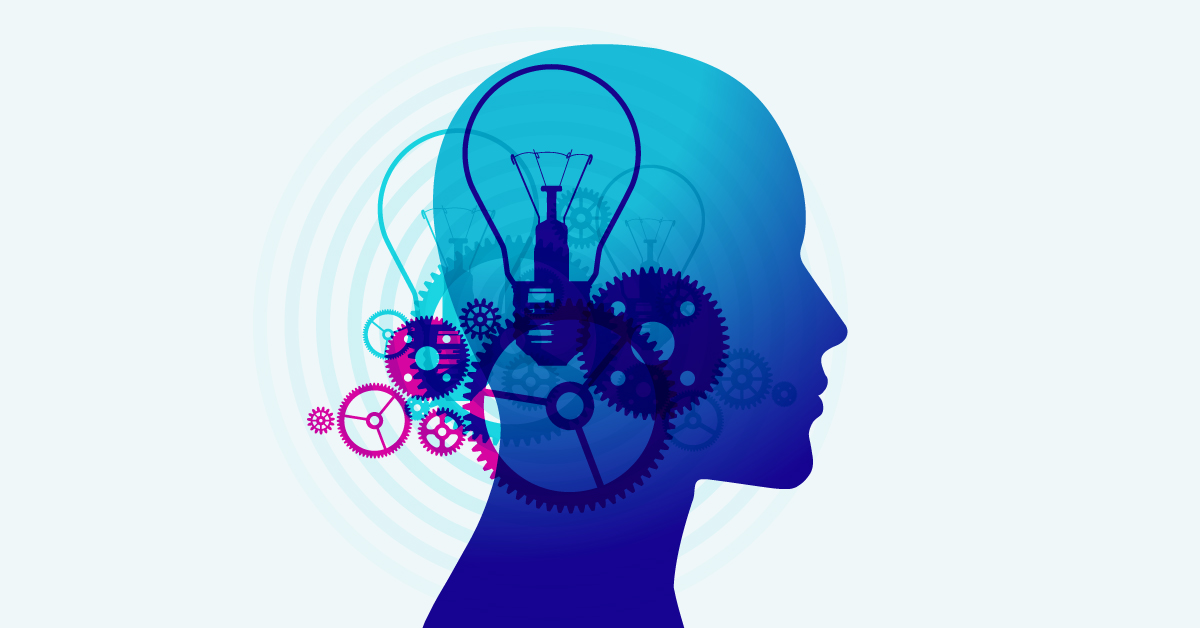 Image of a person with gears and lightbulb in their mind