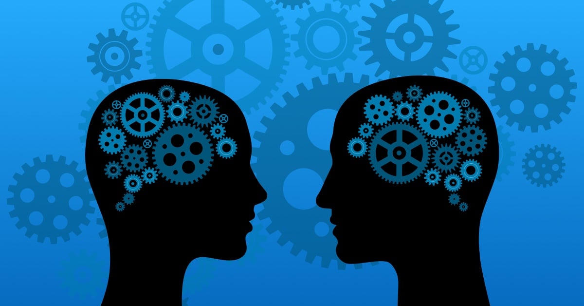 Graphic of two people, their mind full of gears.